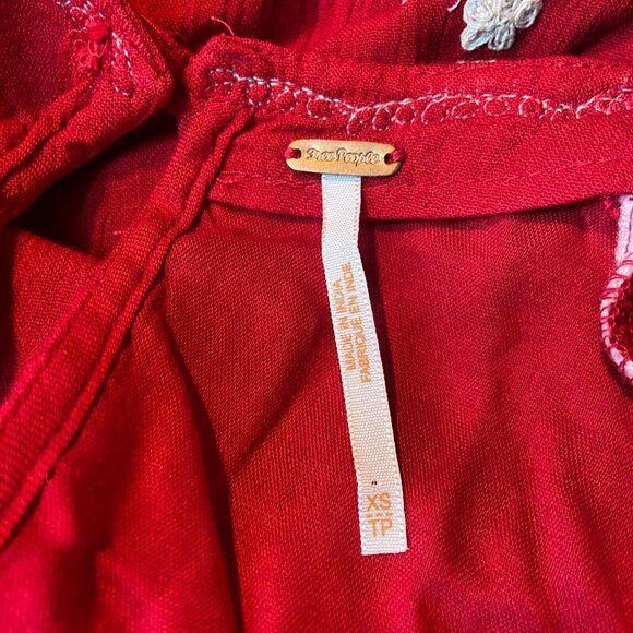 Free People Women XS Embroidered Wide Leg Jumpsuit Red Boho V Neck Cropped Puff - Picture 6 of 13
